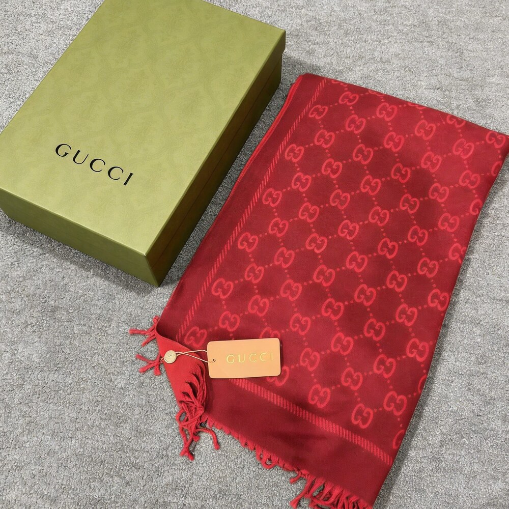 Gucci Red Tonal Small GG Fringe Scarf
